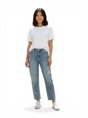 Embroidered Wide Leg Jeans Floral Butterfly Sun Denim Pants Size L (Fits M/L)